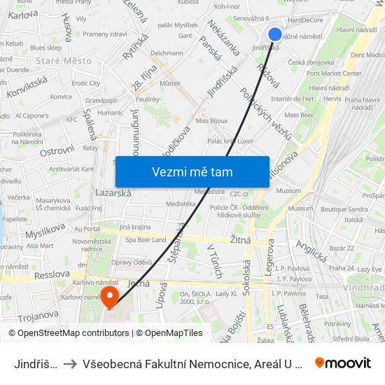 Jindřišská to Všeobecná Fakultní Nemocnice, Areál U Nemocnice 1 map