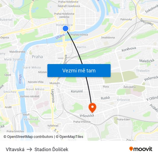 Vltavská to Stadion Ďolíček map