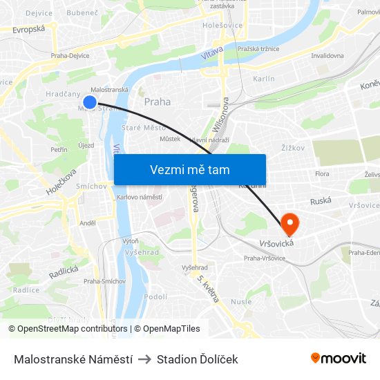 Malostranské Náměstí to Stadion Ďolíček map