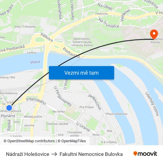 Nádraží Holešovice to Fakultní Nemocnice Bulovka map