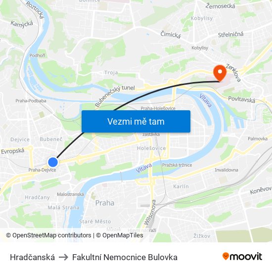 Hradčanská to Fakultní Nemocnice Bulovka map