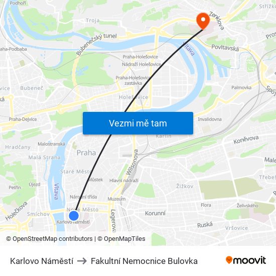 Karlovo Náměstí to Fakultní Nemocnice Bulovka map