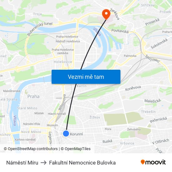 Náměstí Míru to Fakultní Nemocnice Bulovka map