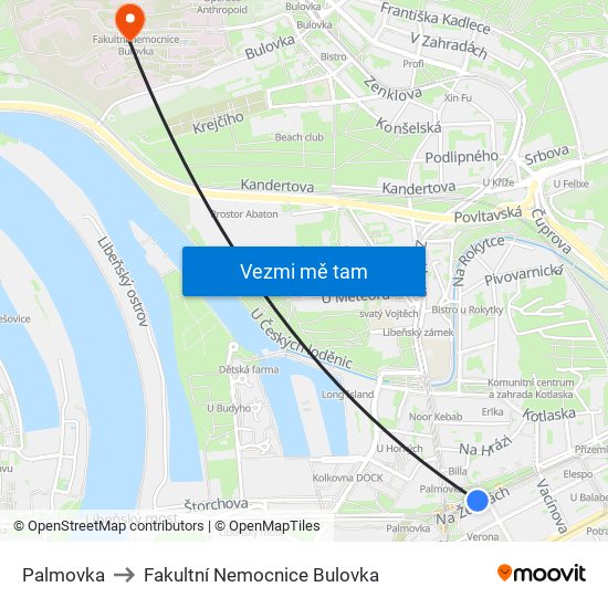 Palmovka to Fakultní Nemocnice Bulovka map