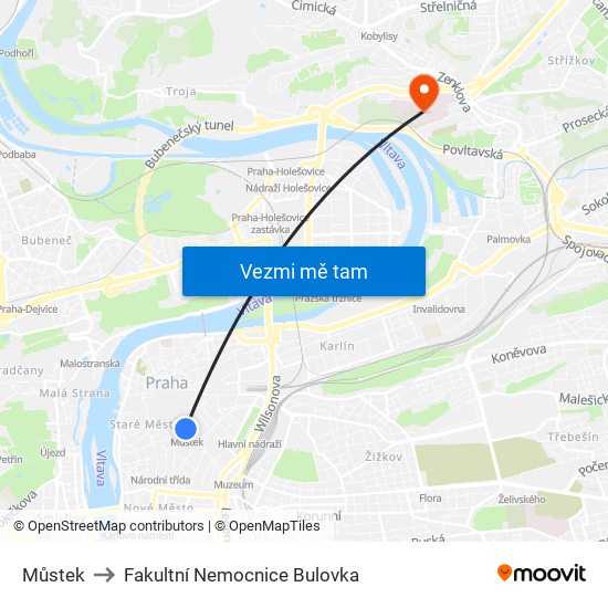 Můstek to Fakultní Nemocnice Bulovka map