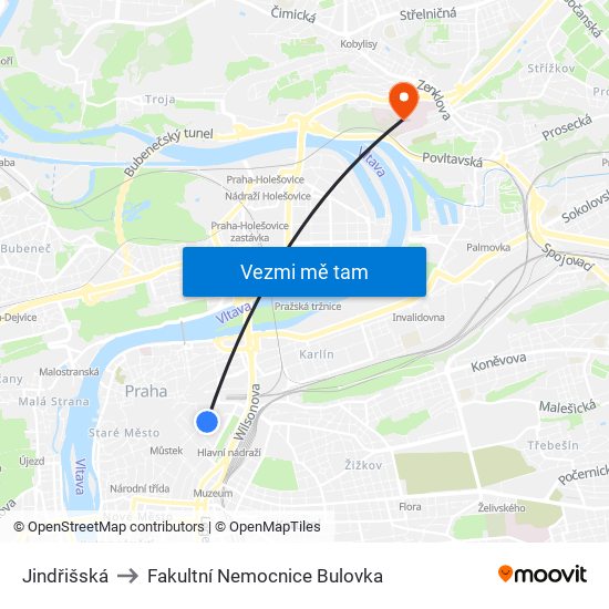 Jindřišská to Fakultní Nemocnice Bulovka map