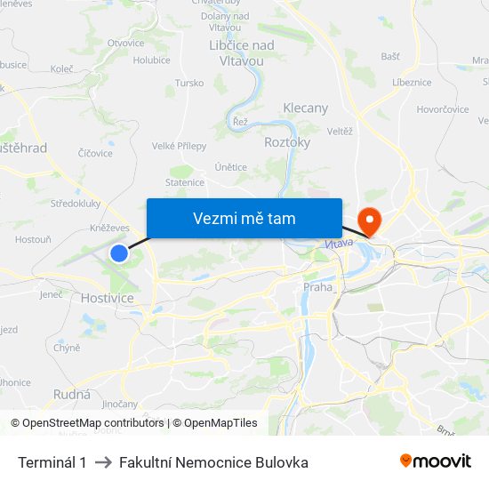Terminál 1 to Fakultní Nemocnice Bulovka map