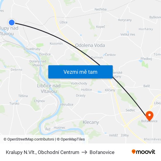 Kralupy N.Vlt., Obchodní Centrum (A) to Bořanovice map