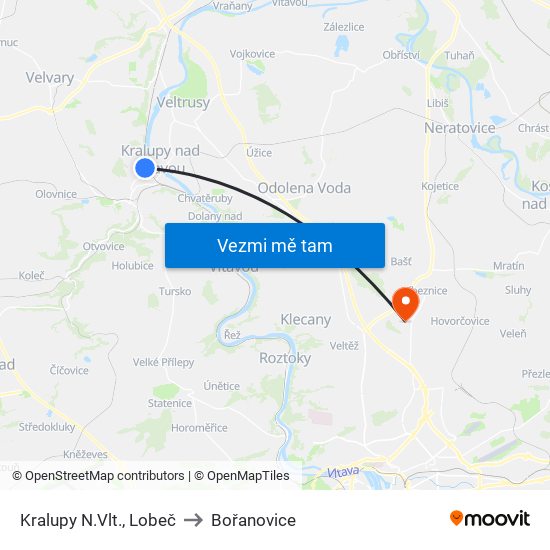 Kralupy N.Vlt., Lobeč (B) to Bořanovice map