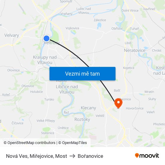 Nová Ves, Miřejovice, Most (B) to Bořanovice map