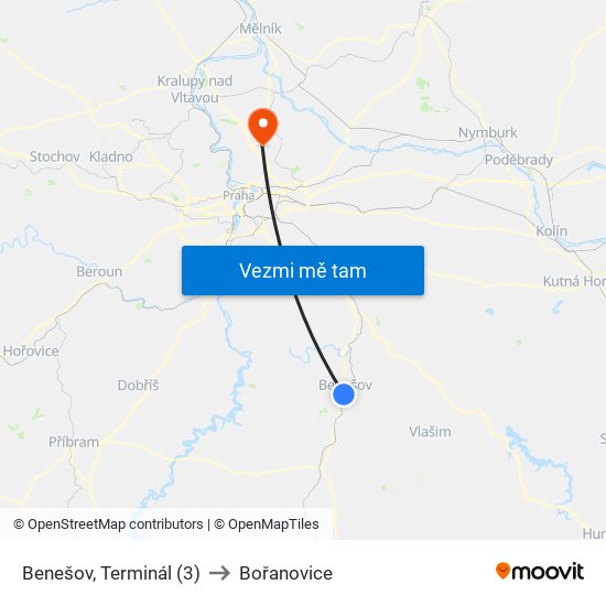 Benešov, Terminál (3) to Bořanovice map