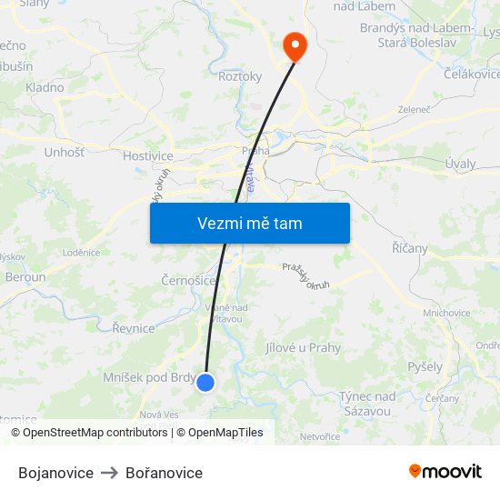 Bojanovice to Bořanovice map