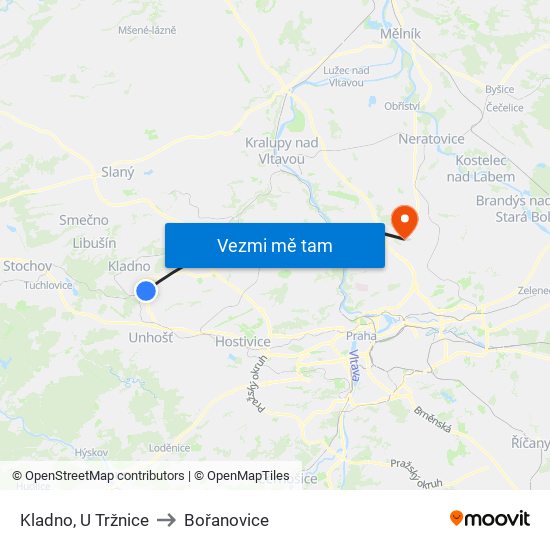 Kladno, U Tržnice to Bořanovice map