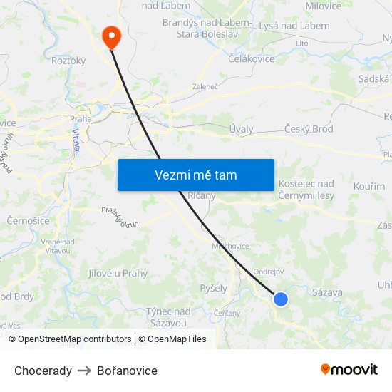 Chocerady to Bořanovice map