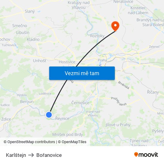 Karlštejn to Bořanovice map