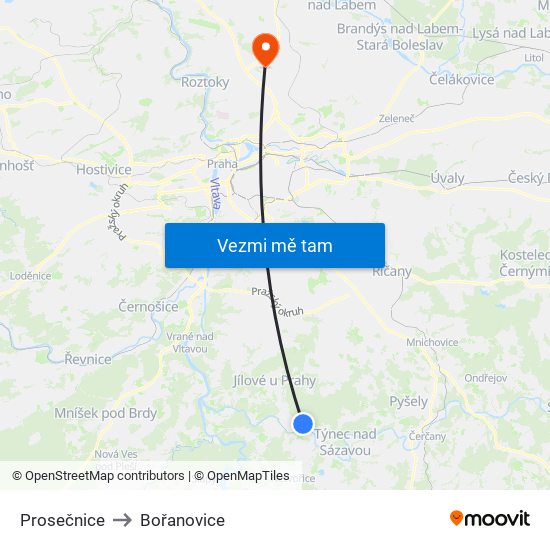 Prosečnice to Bořanovice map