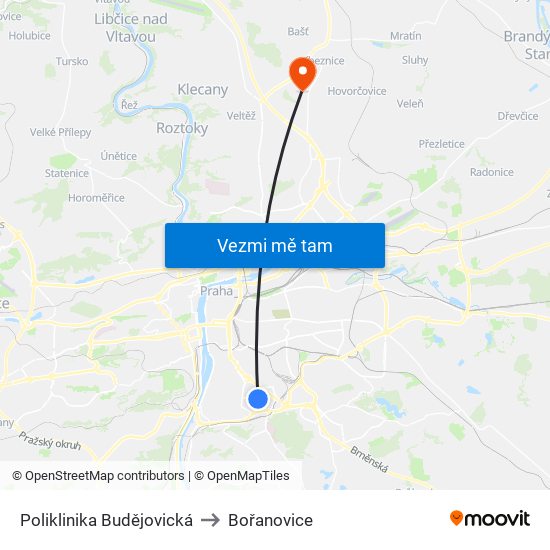 Poliklinika Budějovická (P) to Bořanovice map