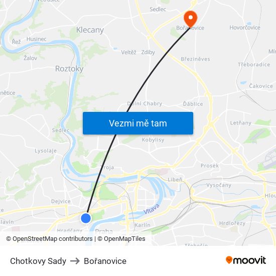 Chotkovy Sady to Bořanovice map