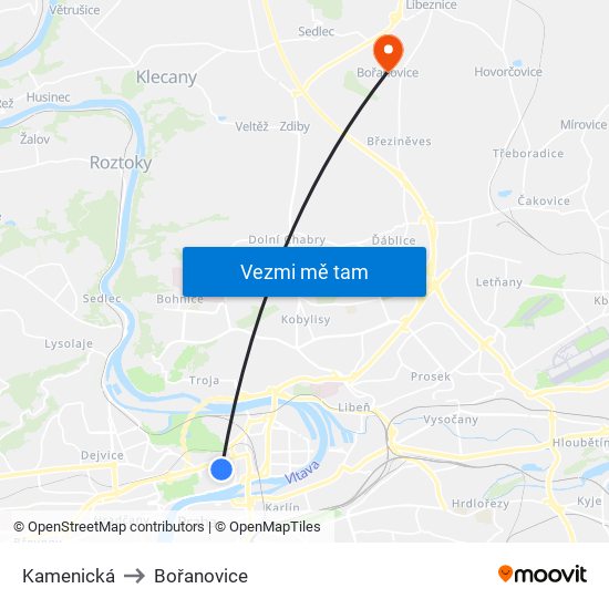 Kamenická to Bořanovice map