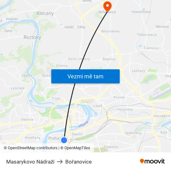 Masarykovo Nádraží to Bořanovice map