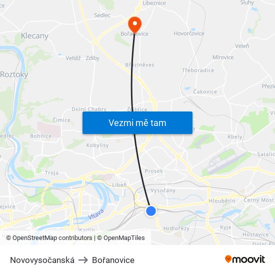 Novovysočanská to Bořanovice map