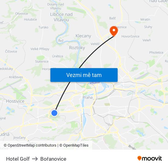 Hotel Golf to Bořanovice map