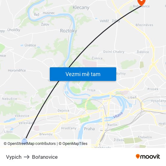 Vypich (A) to Bořanovice map