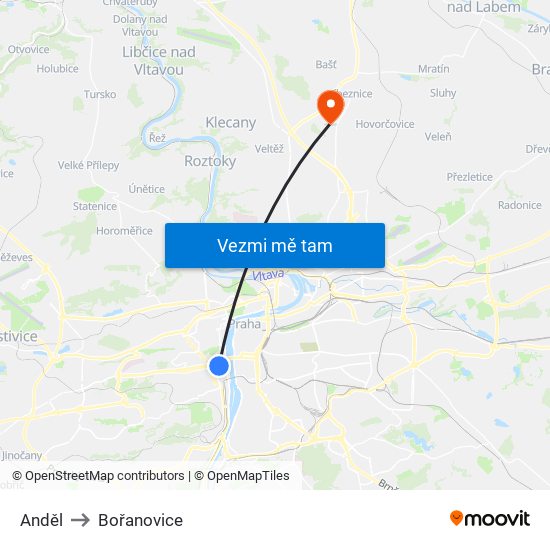 Anděl to Bořanovice map