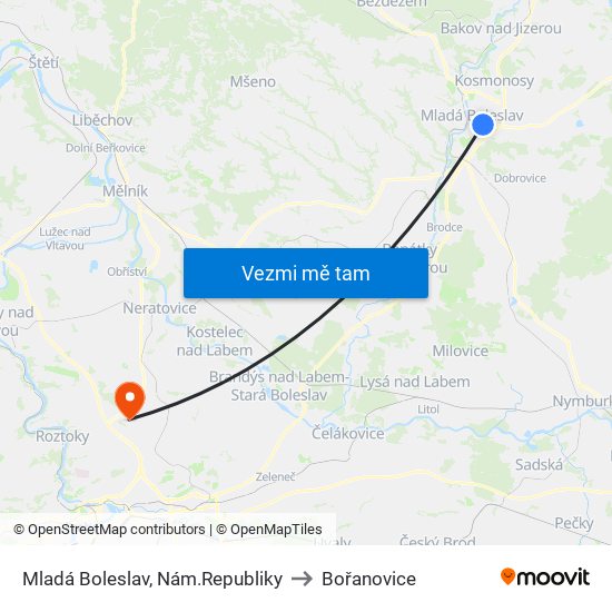 Mladá Boleslav, Nám.Republiky (B) to Bořanovice map