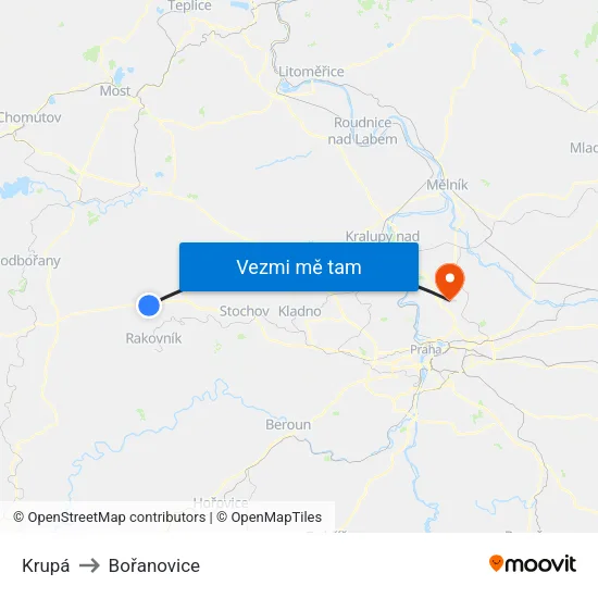 Krupá to Bořanovice map