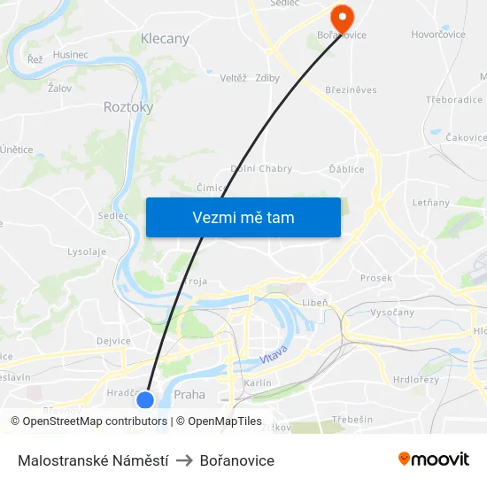 Malostranské Náměstí to Bořanovice map
