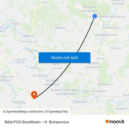 Bělá POD Bezdězem to Bořanovice map