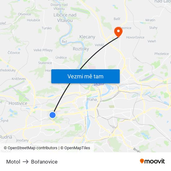 Motol to Bořanovice map