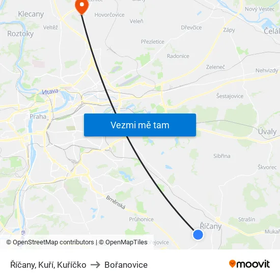 Říčany, Kuří, Kuříčko to Bořanovice map