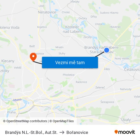 Brandýs N.L.-St.Bol., Aut.St. to Bořanovice map