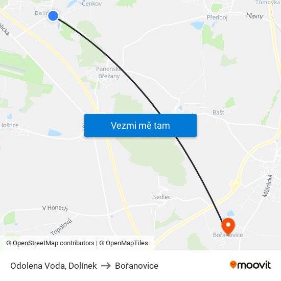 Odolena Voda, Dolínek to Bořanovice map