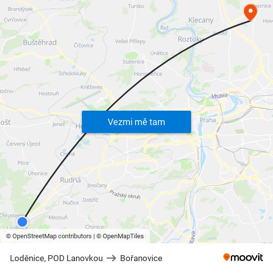 Loděnice, POD Lanovkou (B) to Bořanovice map