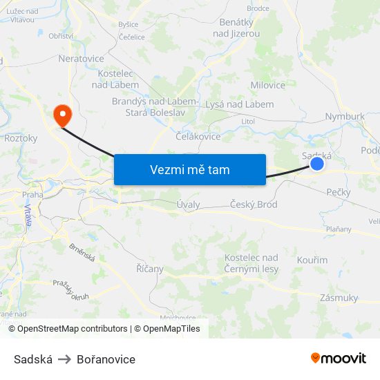 Sadská to Bořanovice map