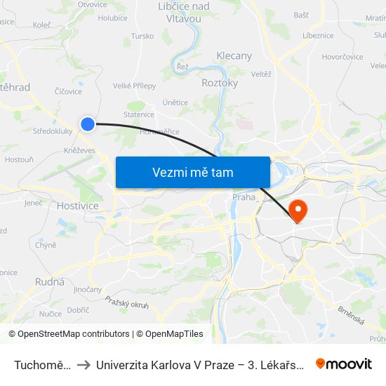 Tuchoměřice to Univerzita Karlova V Praze – 3. Lékařská Fakulta map