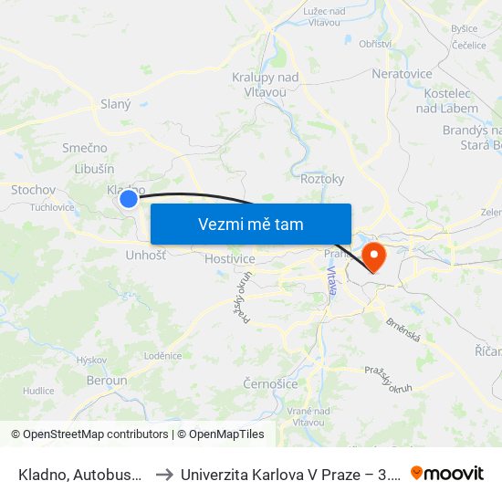 Kladno, Autobusové Nádraží to Univerzita Karlova V Praze – 3. Lékařská Fakulta map