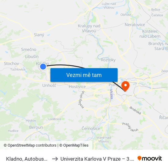 Kladno, Autobusové Nádraží to Univerzita Karlova V Praze – 3. Lékařská Fakulta map