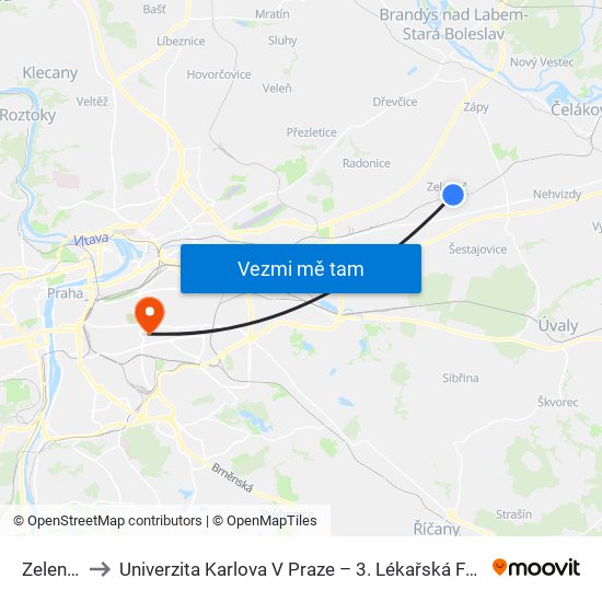 Zeleneč to Univerzita Karlova V Praze – 3. Lékařská Fakulta map