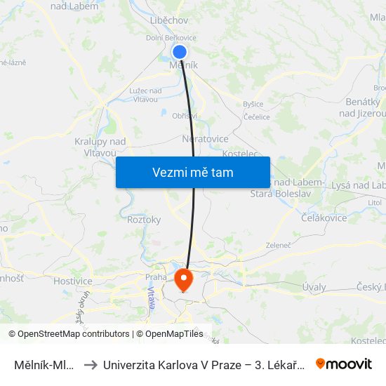 Mělník-Mlazice to Univerzita Karlova V Praze – 3. Lékařská Fakulta map