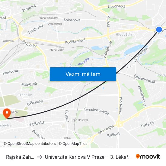 Rajská Zahrada to Univerzita Karlova V Praze – 3. Lékařská Fakulta map