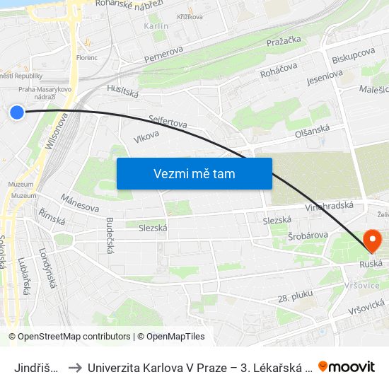 Jindřišská to Univerzita Karlova V Praze – 3. Lékařská Fakulta map