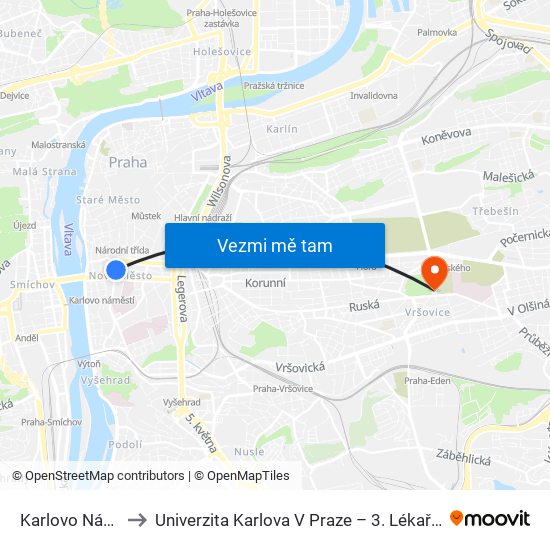Karlovo Náměstí to Univerzita Karlova V Praze – 3. Lékařská Fakulta map