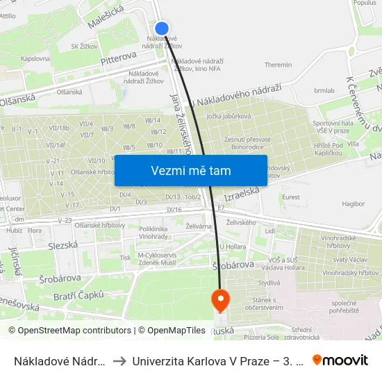 Nákladové Nádraží Žižkov to Univerzita Karlova V Praze – 3. Lékařská Fakulta map