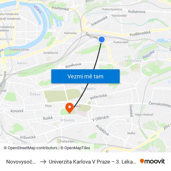 Novovysočanská to Univerzita Karlova V Praze – 3. Lékařská Fakulta map