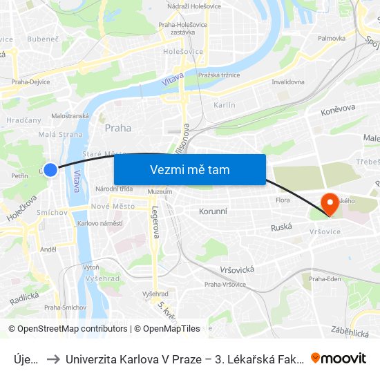 Újezd to Univerzita Karlova V Praze – 3. Lékařská Fakulta map