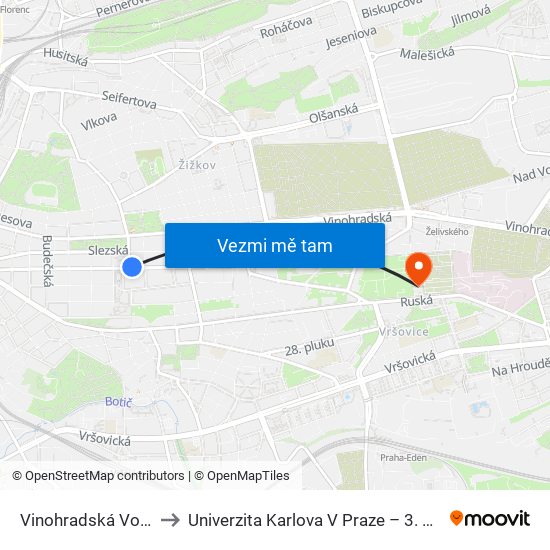 Vinohradská Vodárna (A) to Univerzita Karlova V Praze – 3. Lékařská Fakulta map